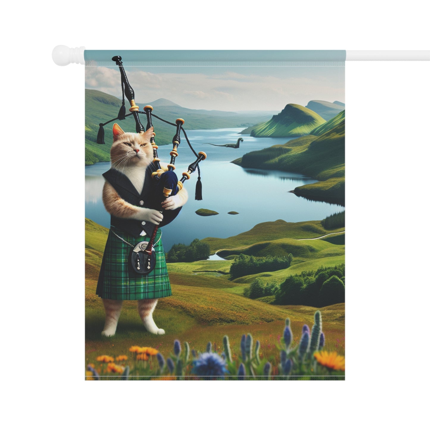 Intrepid Bagpipe Playing Cat & Lochness Monster Garden Banner