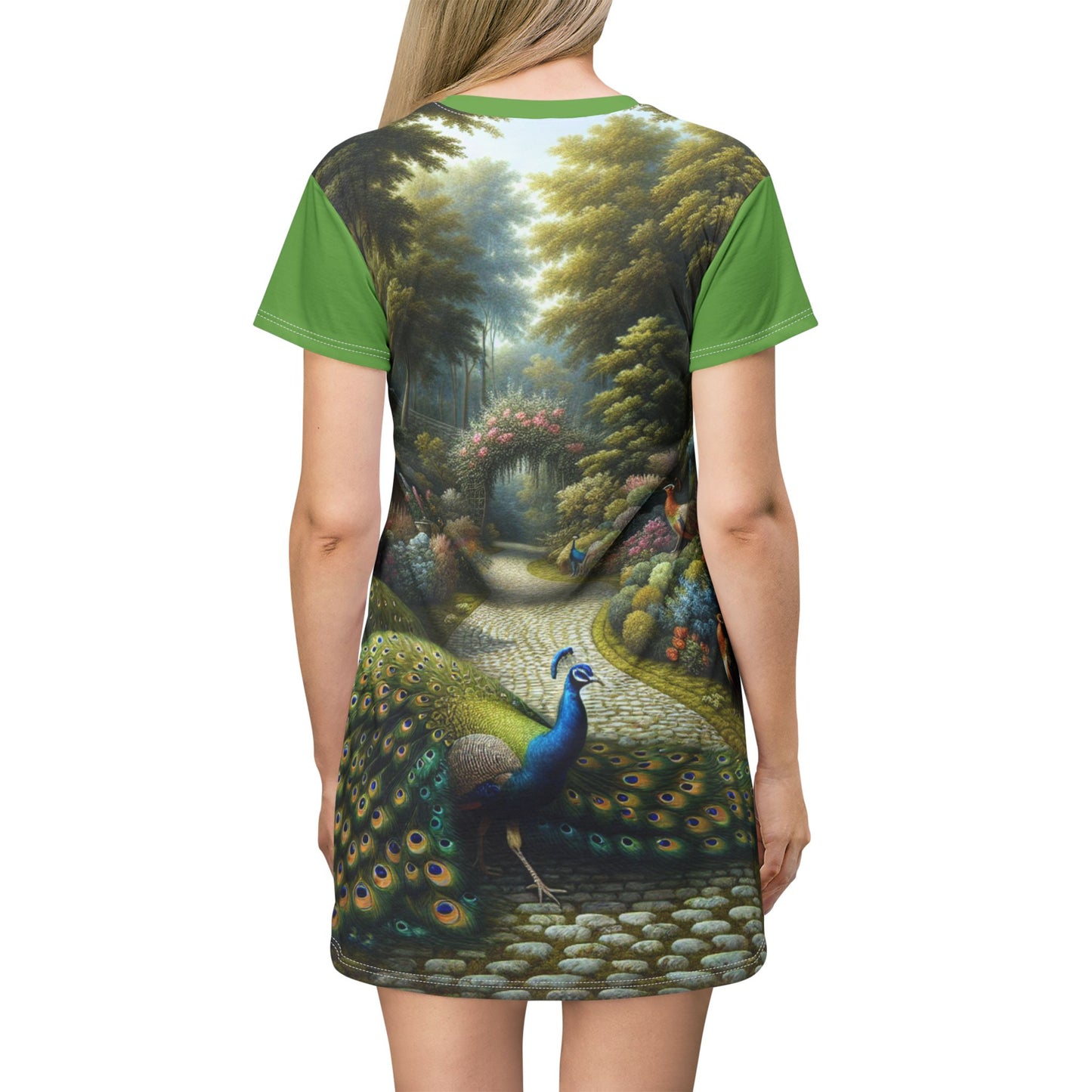 Peacocks in the Garden Light Green Front and Back Printed T-Shirt Dress (AOP)