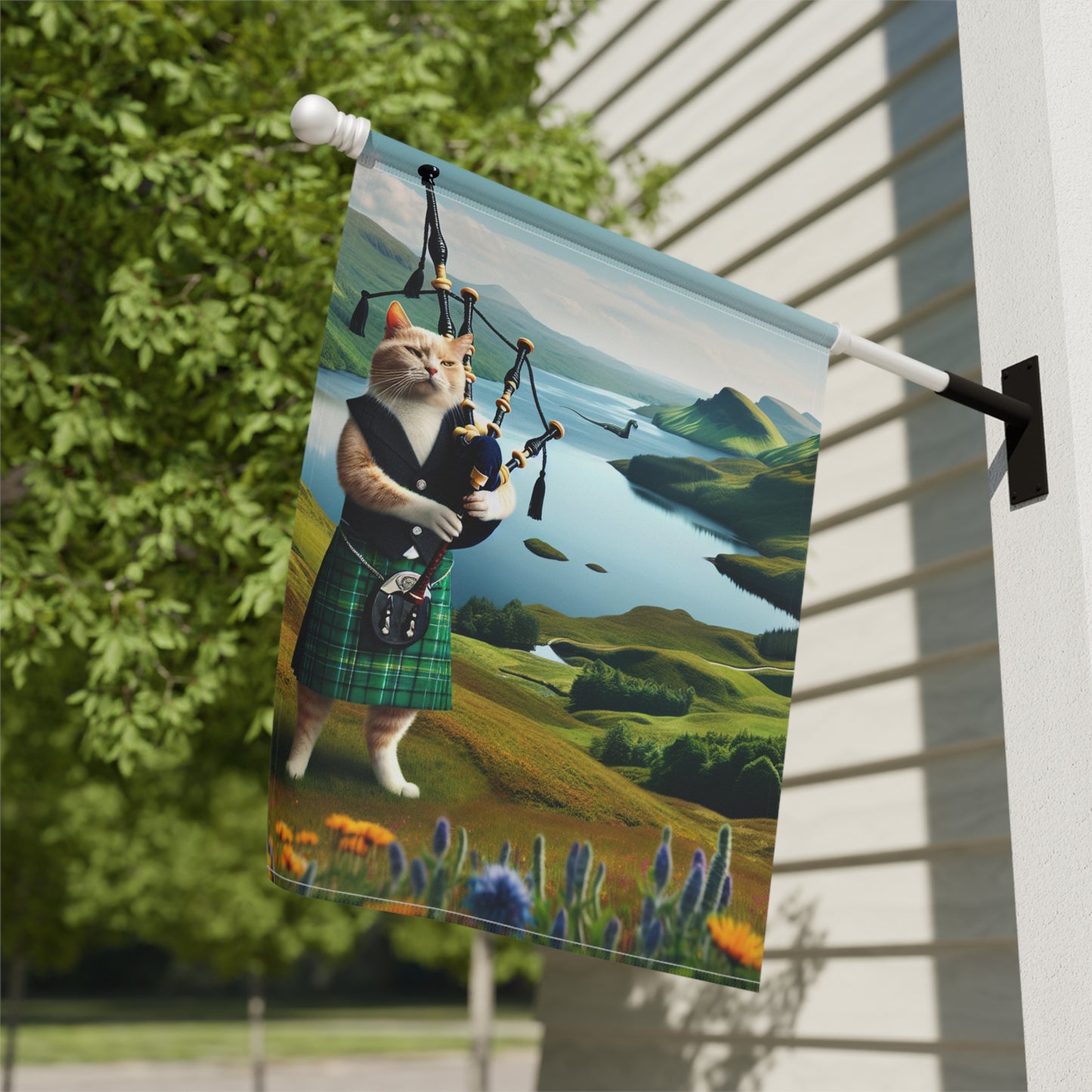 Intrepid Bagpipe Playing Cat & Lochness Monster Garden Banner