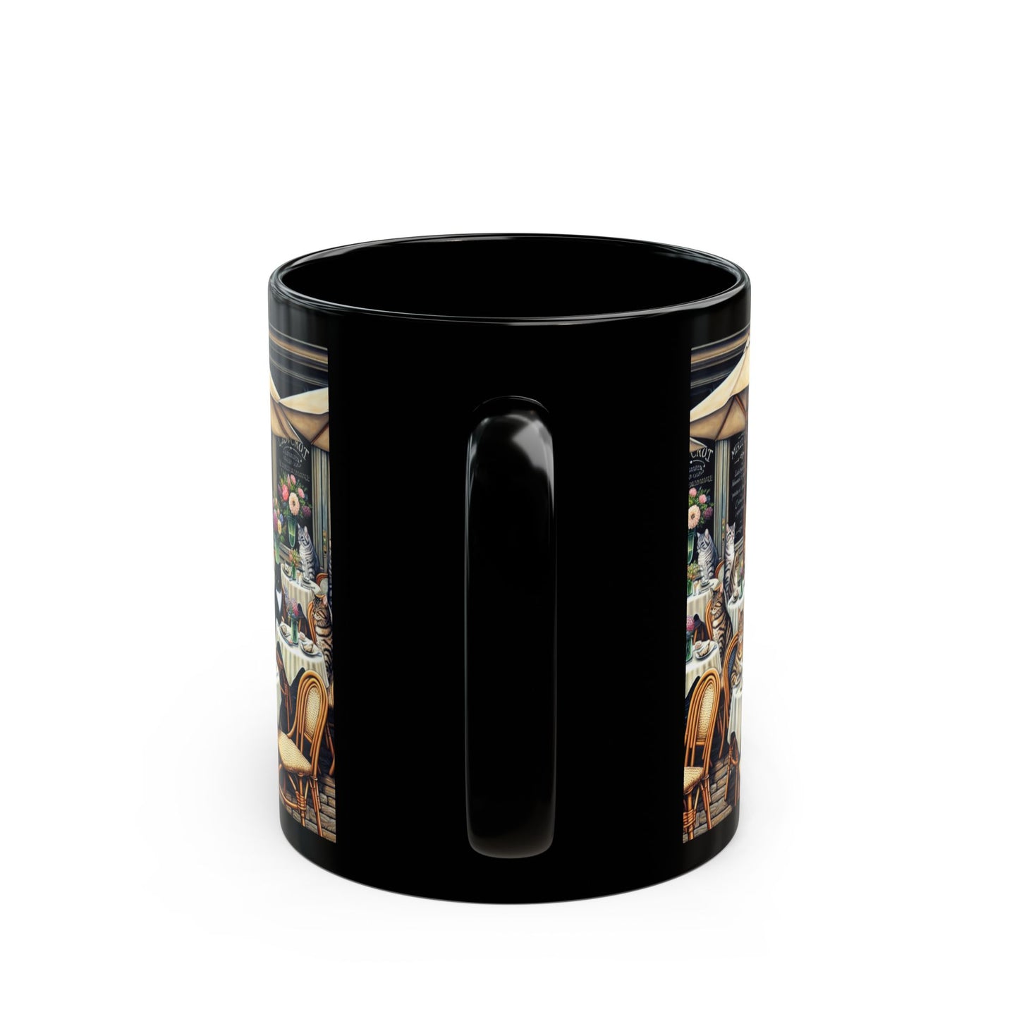Cat Café Scene Black Coffee Mug — Cats at Bistro Design (11oz & 15oz)