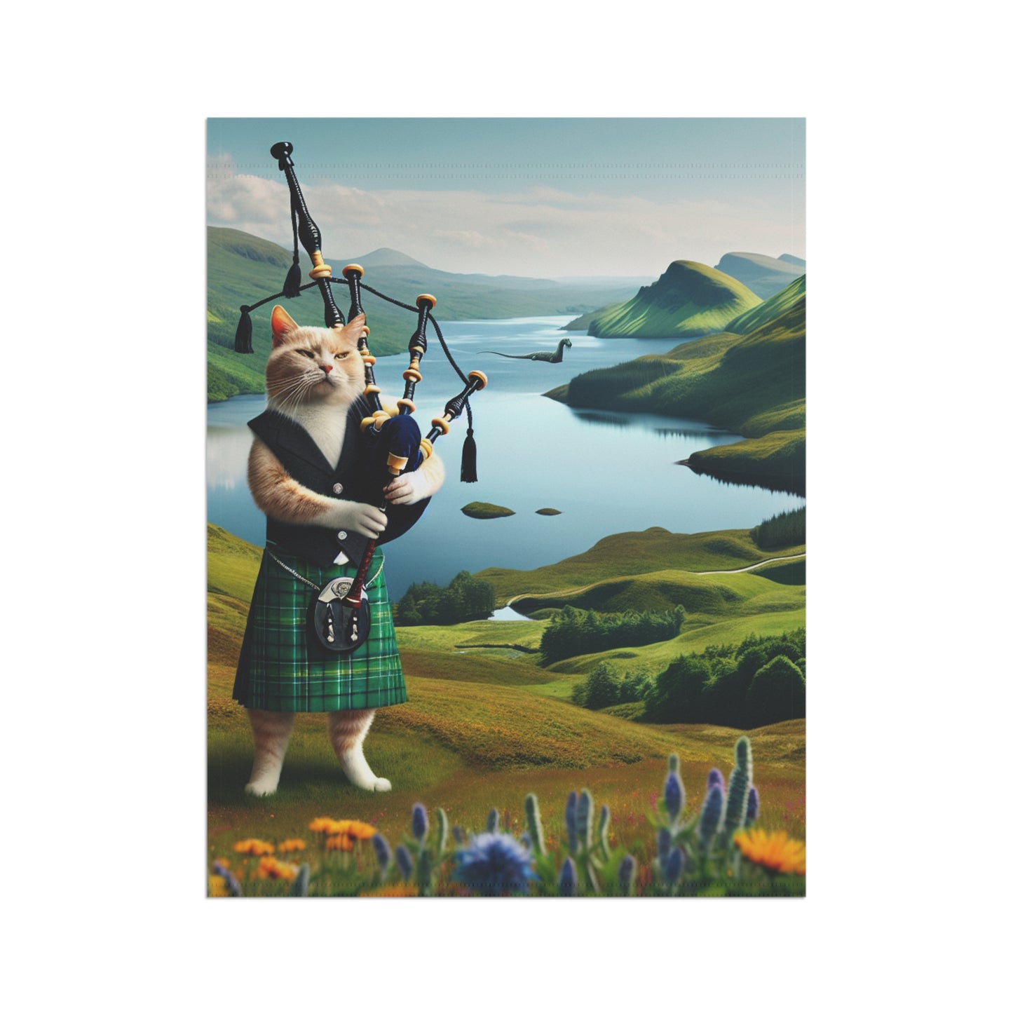 Intrepid Bagpipe Playing Cat & Lochness Monster Garden Banner