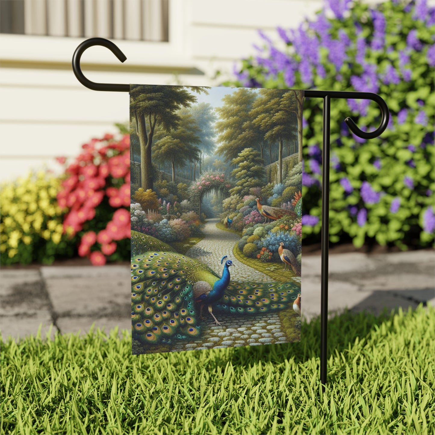 Peacocks in the Garden, Garden Banner - Decorative House Flag for Outdoor Spaces