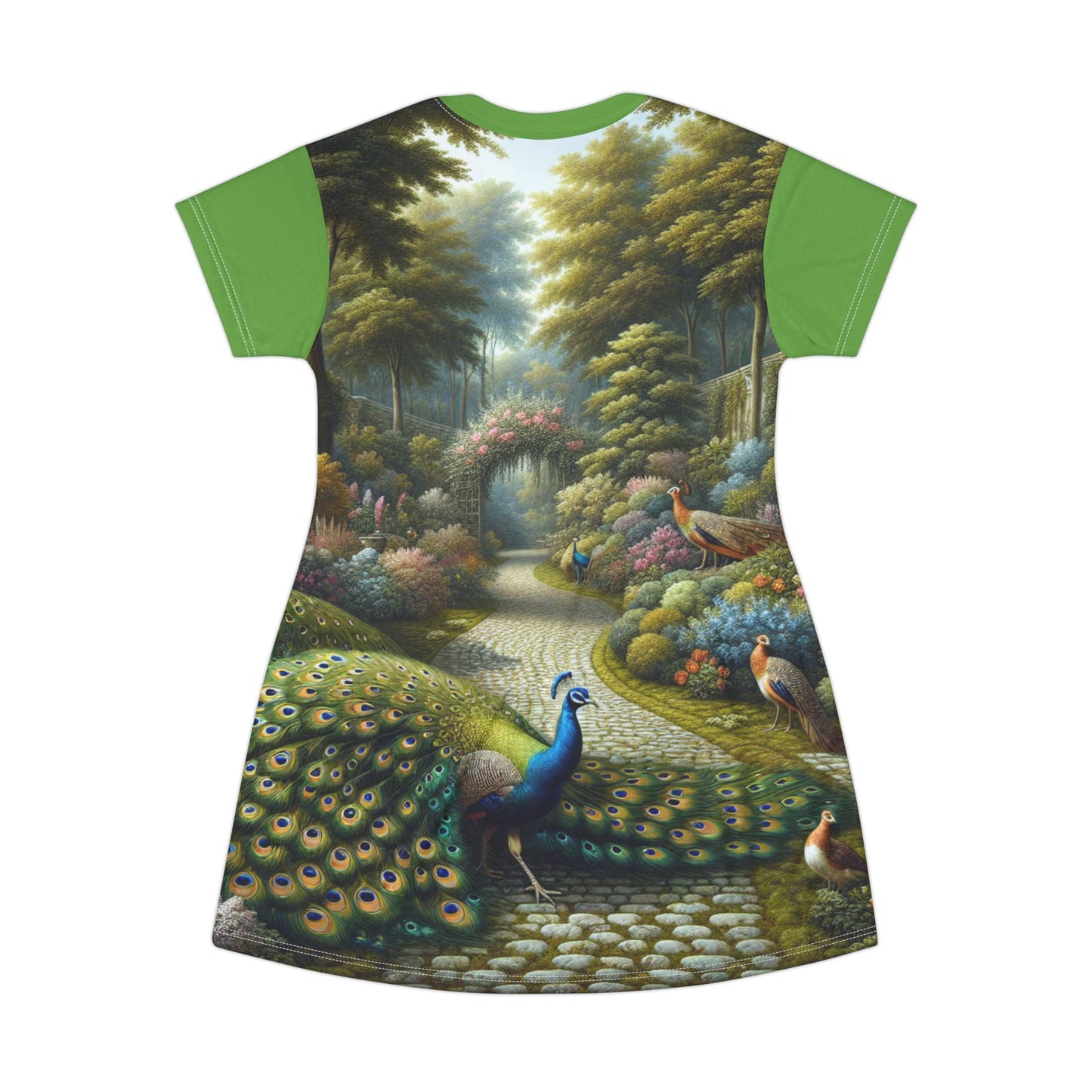 Peacocks in the Garden Light Green Front and Back Printed T-Shirt Dress (AOP)