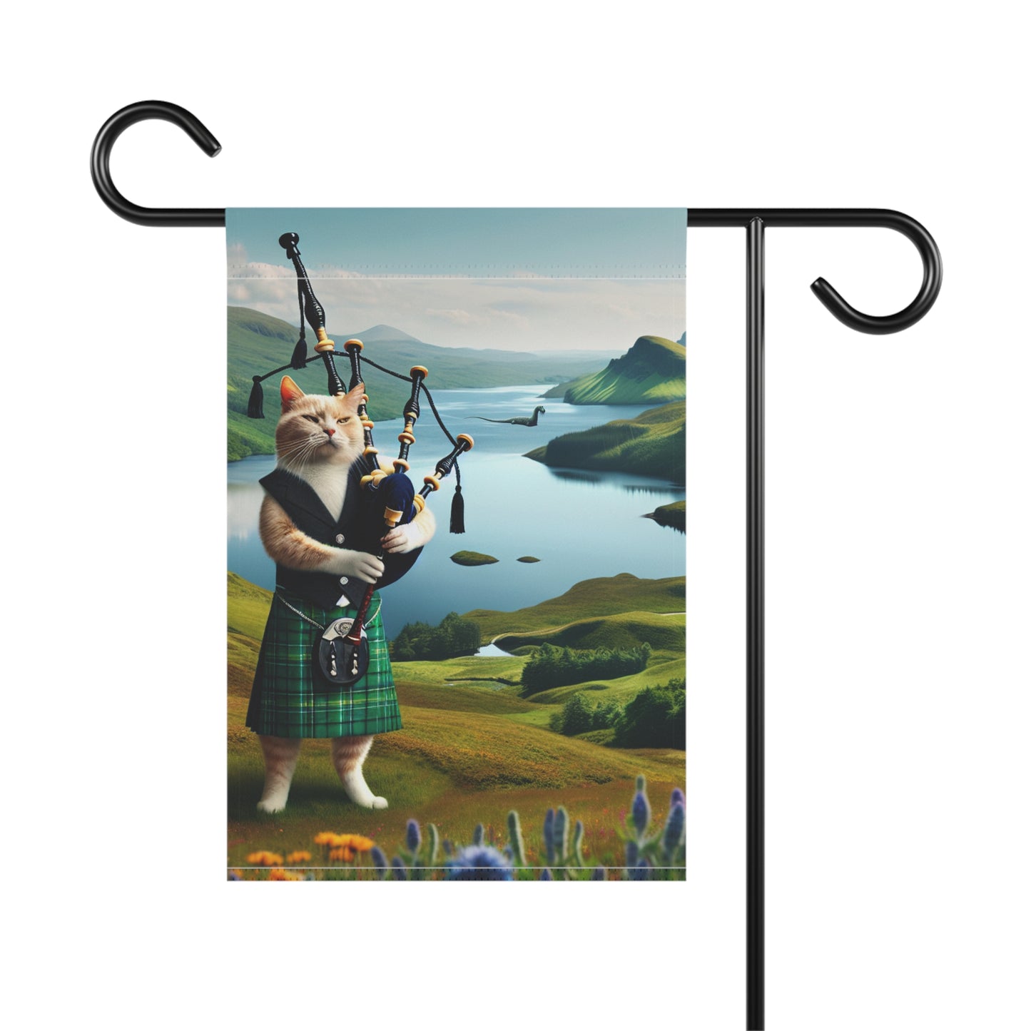 Intrepid Bagpipe Playing Cat & Lochness Monster Garden Banner