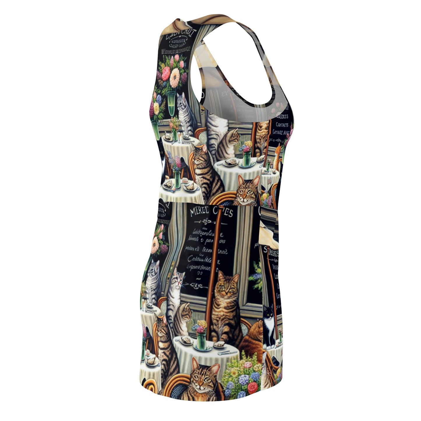Cat Café Racerback Dress — All-Over-Print Floral & Bistro Scene