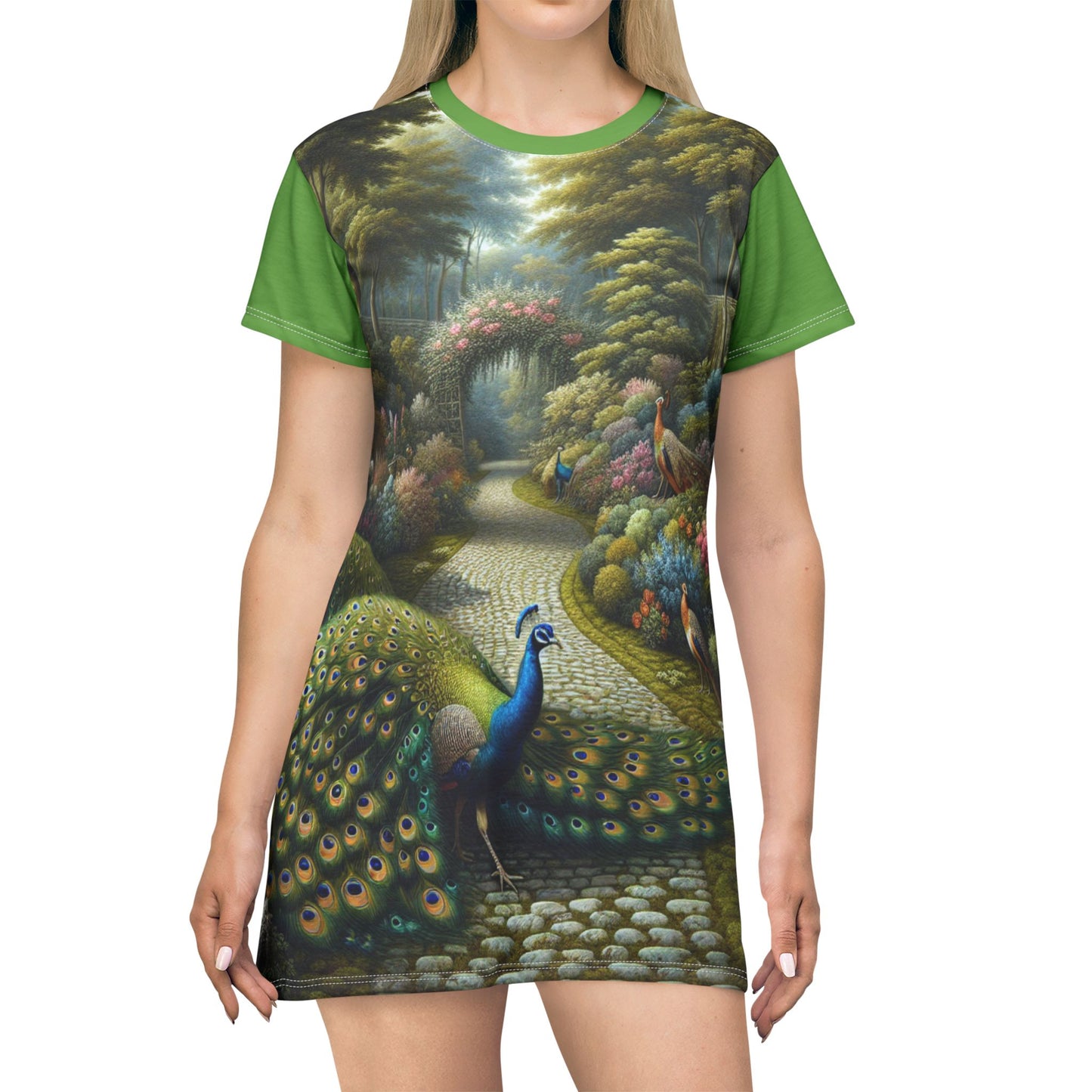 Peacocks in the Garden Light Green Front and Back Printed T-Shirt Dress (AOP)