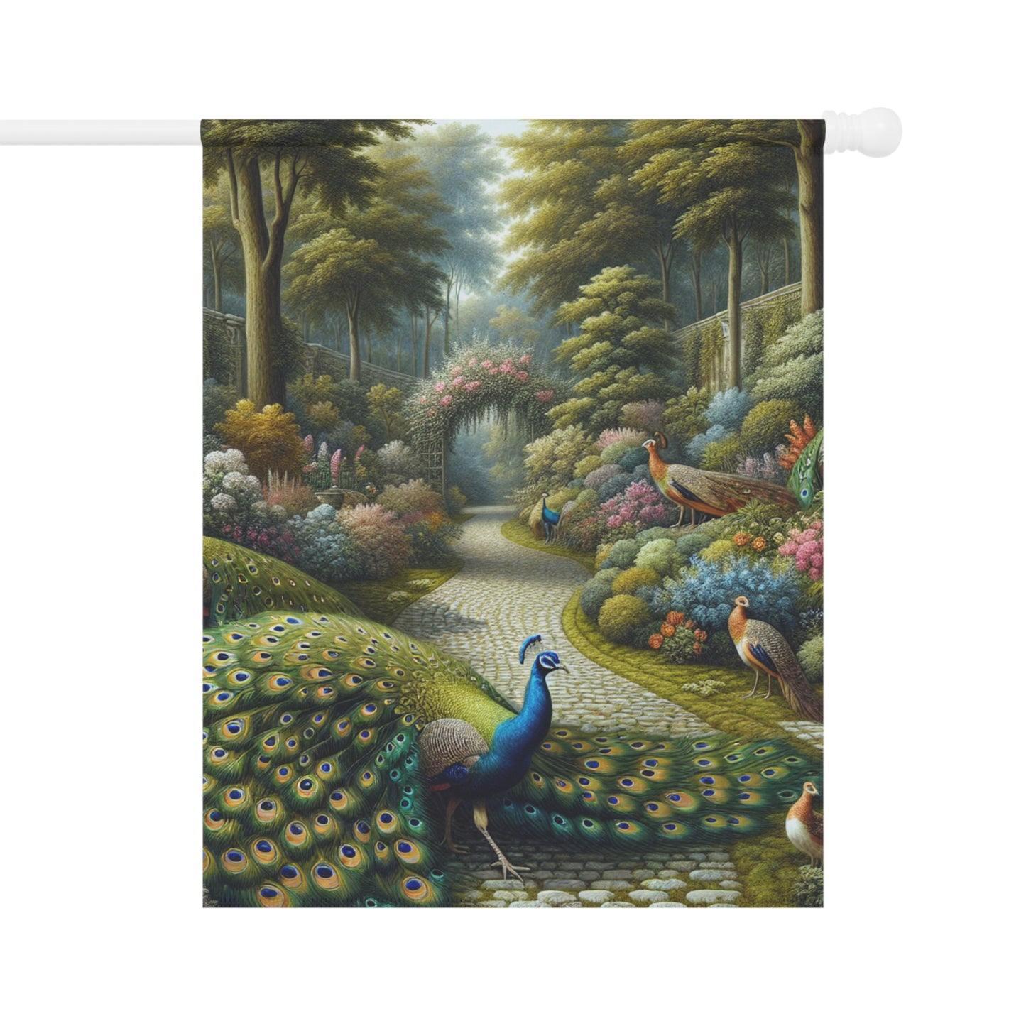 Peacocks in the Garden, Garden Banner - Decorative House Flag for Outdoor Spaces