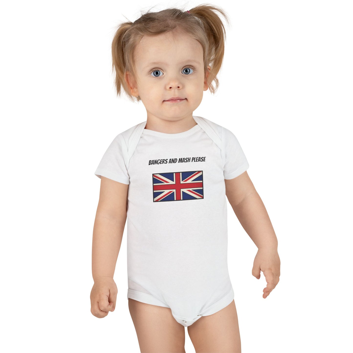 Union Jack Baby Onesie with "Bangers and Mash Please" – British Pride Infant Bodysuit
