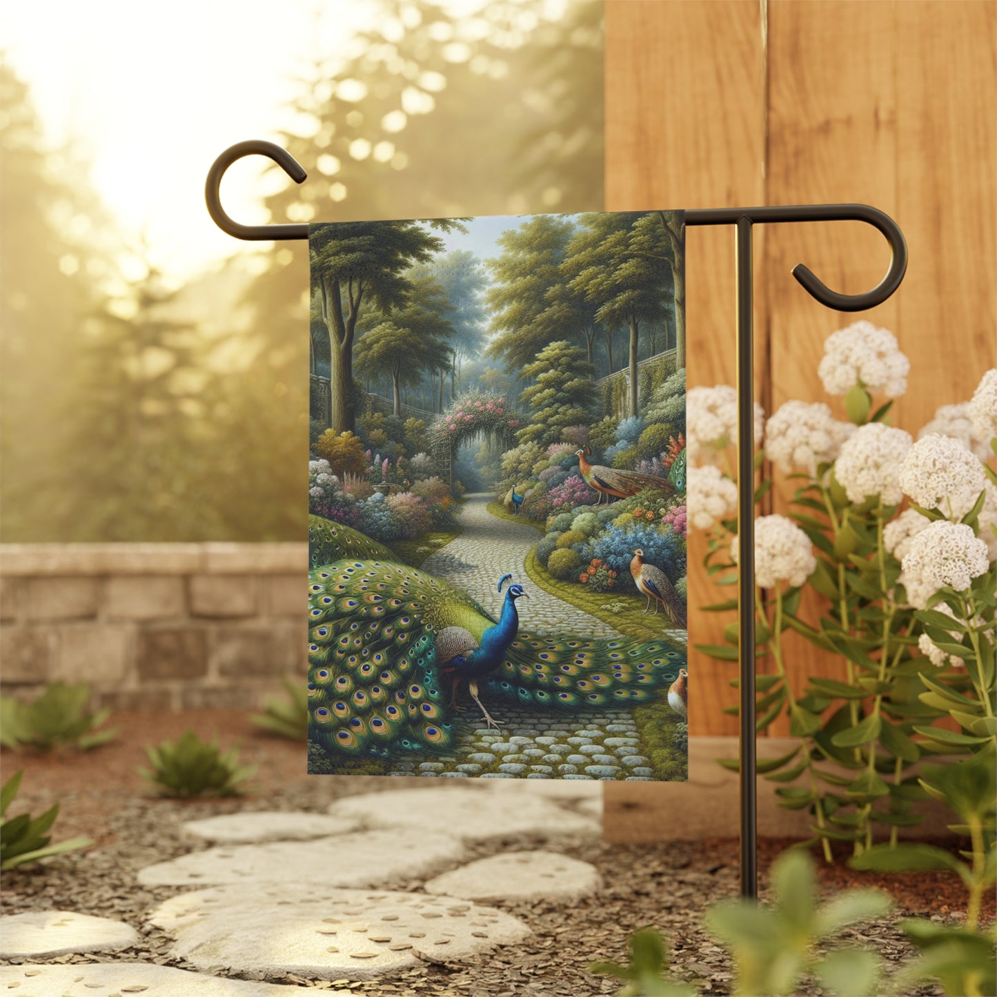 Peacocks in the Garden, Garden Banner - Decorative House Flag for Outdoor Spaces