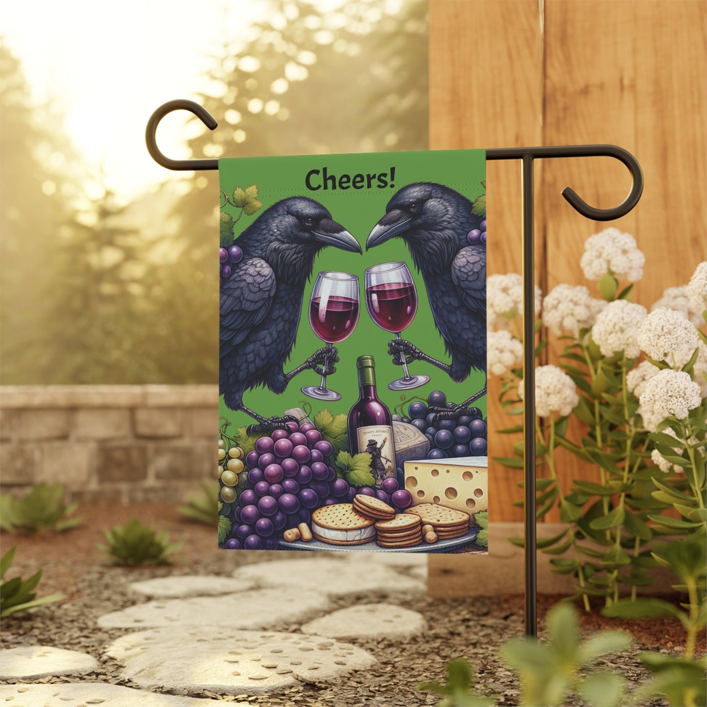 Cheers Ravens enjoying a snack, Garden Banner | Outdoor Decor for Wine Lovers
