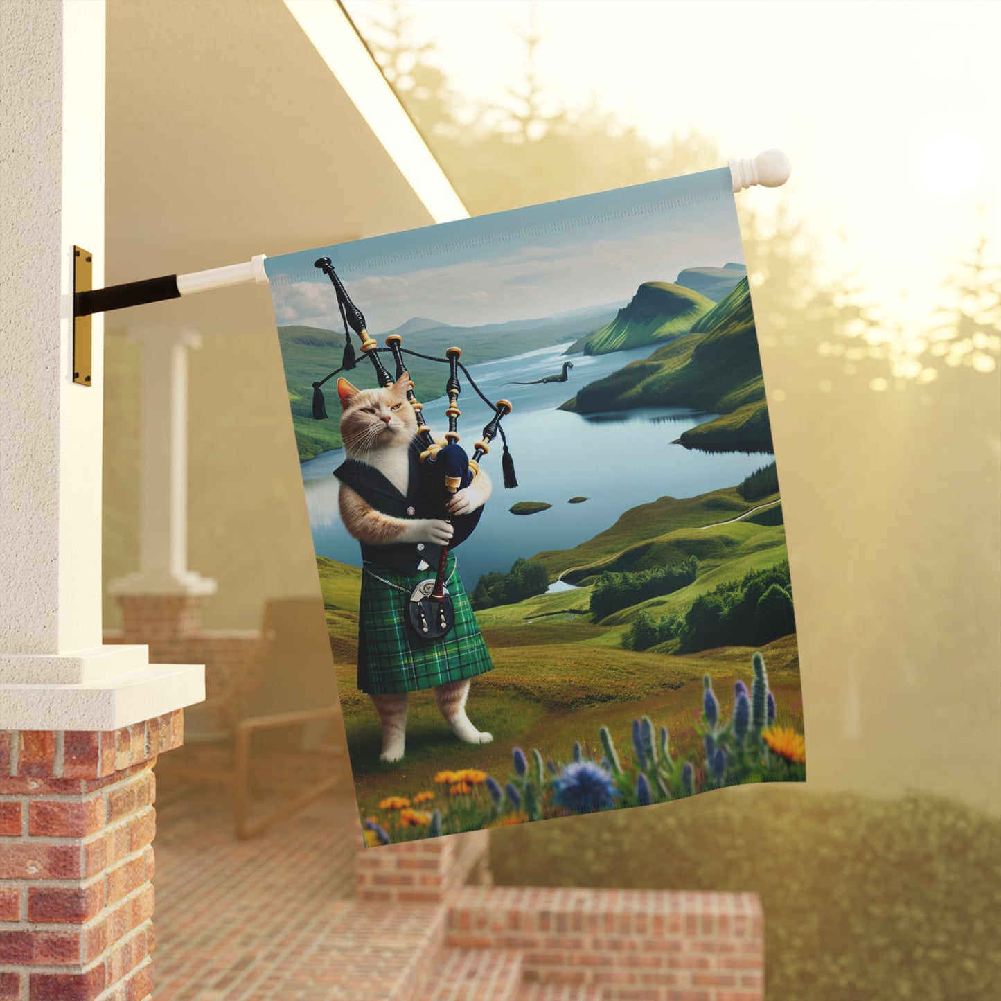 Intrepid Bagpipe Playing Cat & Lochness Monster Garden Banner
