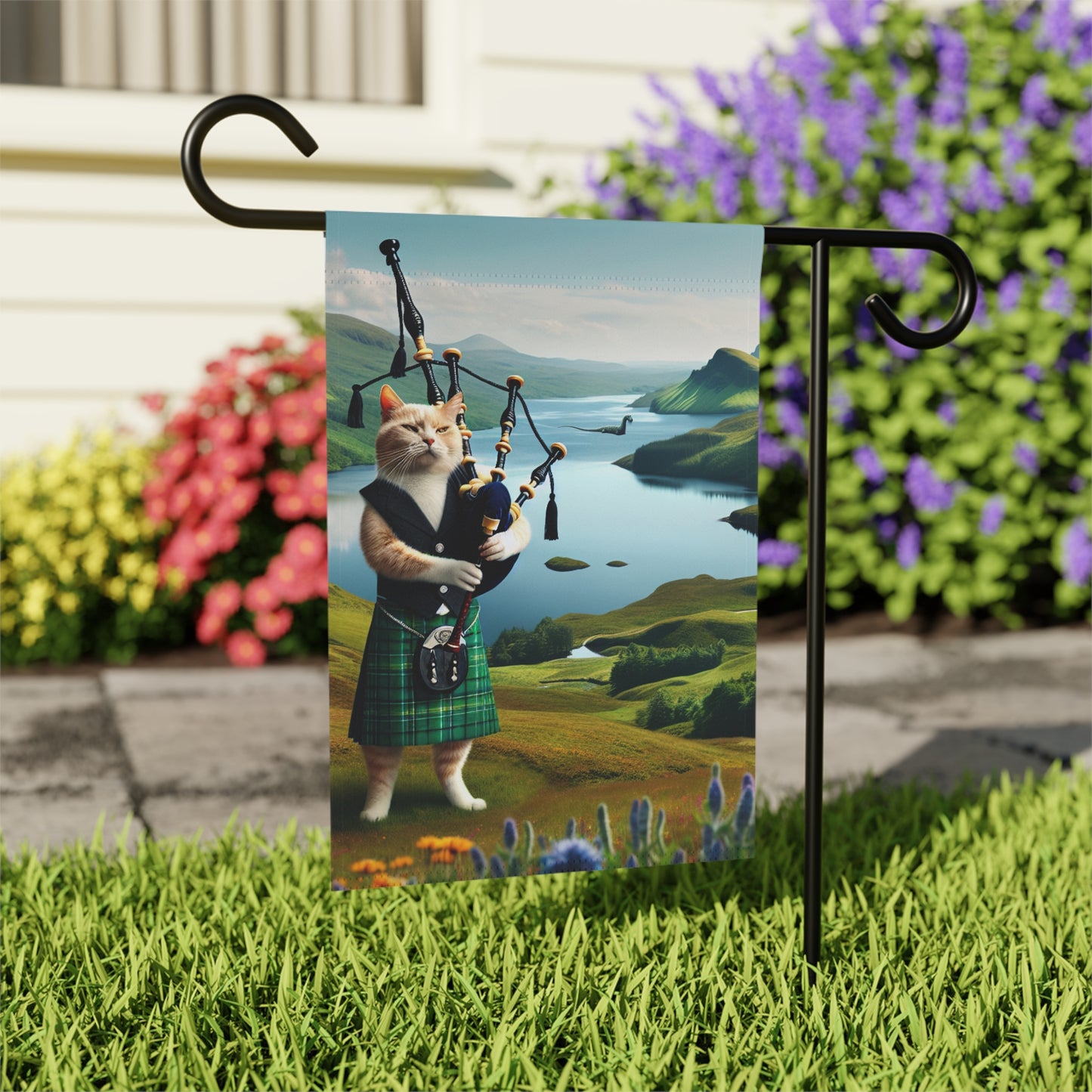 Intrepid Bagpipe Playing Cat & Lochness Monster Garden Banner