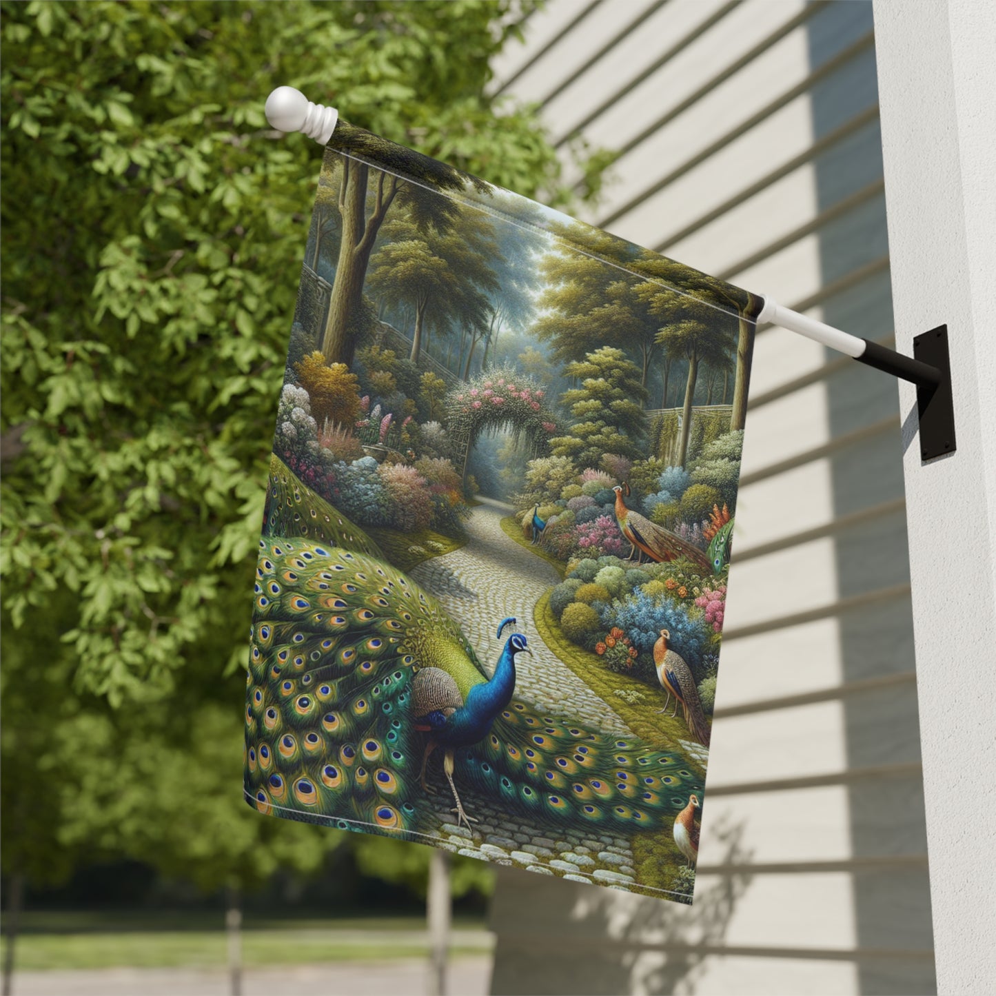 Peacocks in the Garden, Garden Banner - Decorative House Flag for Outdoor Spaces