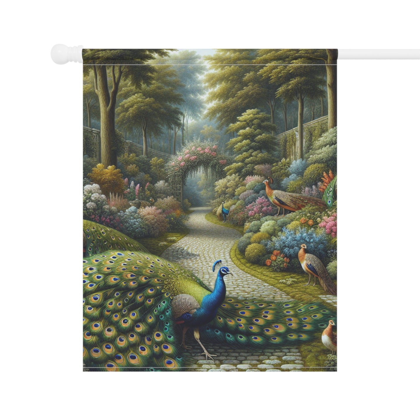 Peacocks in the Garden, Garden Banner - Decorative House Flag for Outdoor Spaces
