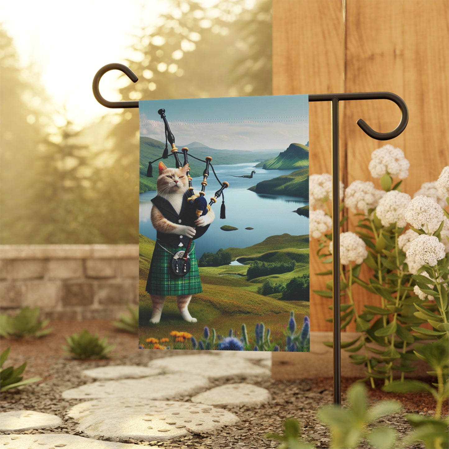Intrepid Bagpipe Playing Cat & Lochness Monster Garden Banner
