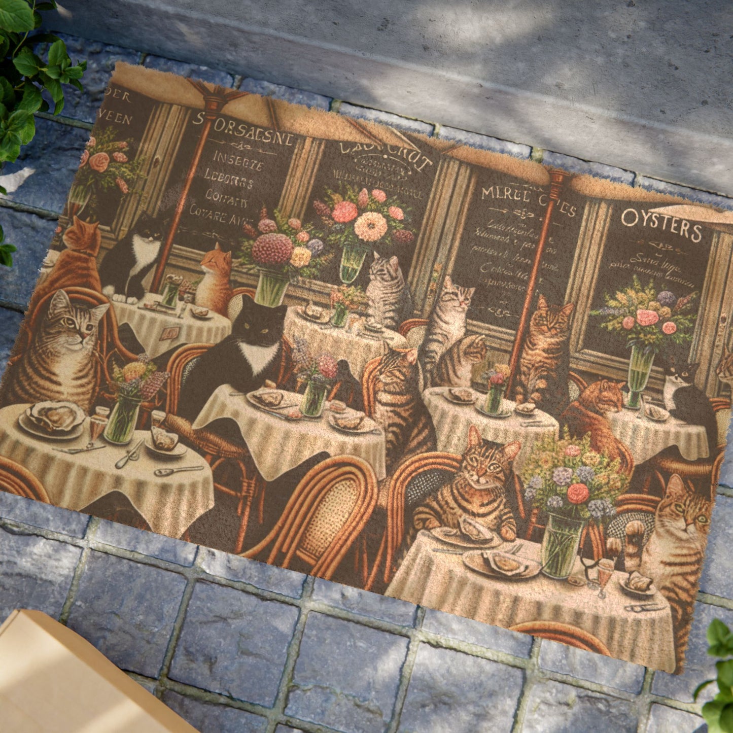Doormat - Vintage French Café Cats Coir Mat (Cat Bistro Entrance Rug)
