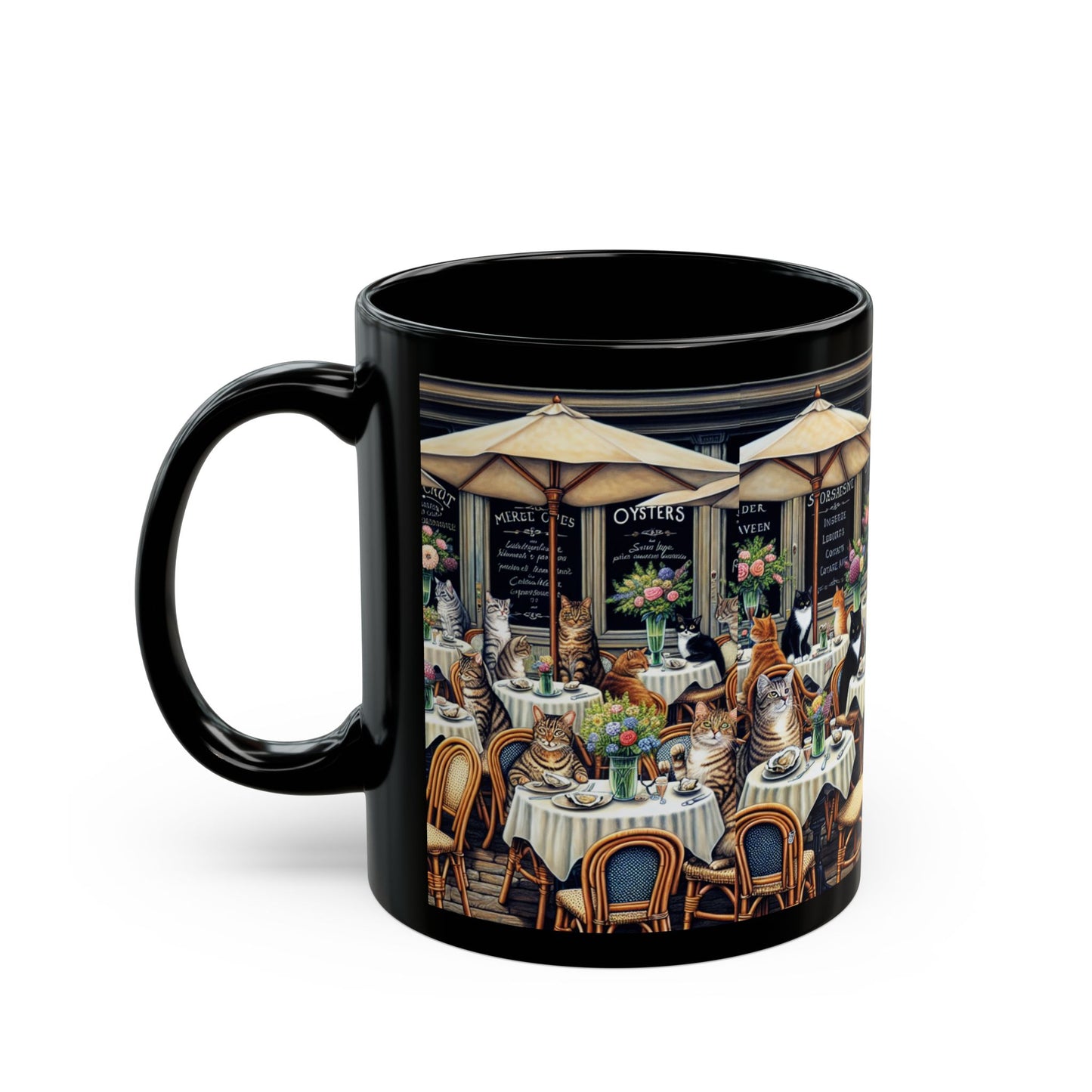 Cat Café Scene Black Coffee Mug — Cats at Bistro Design (11oz & 15oz)