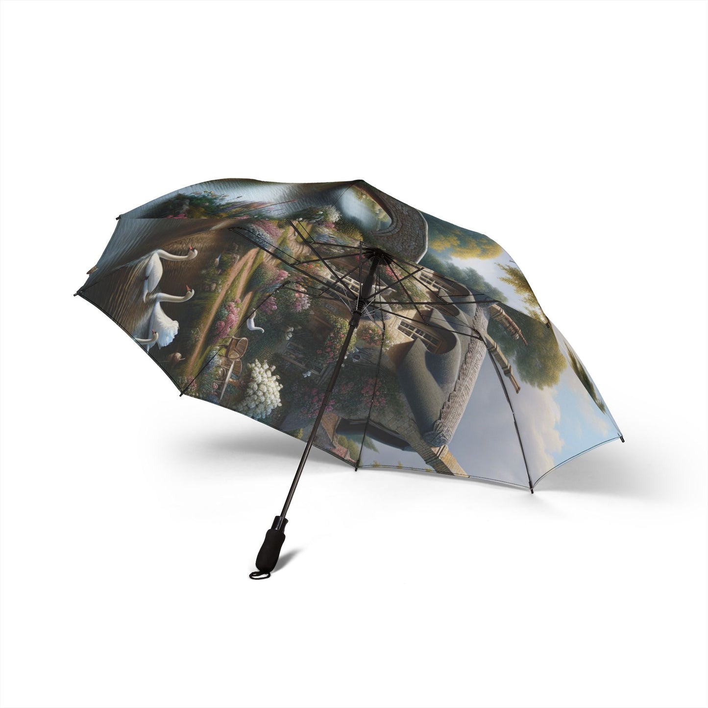 Foldable Umbrella with Scenic Cottage Print — Semi‑Automatic Travel Umbrella