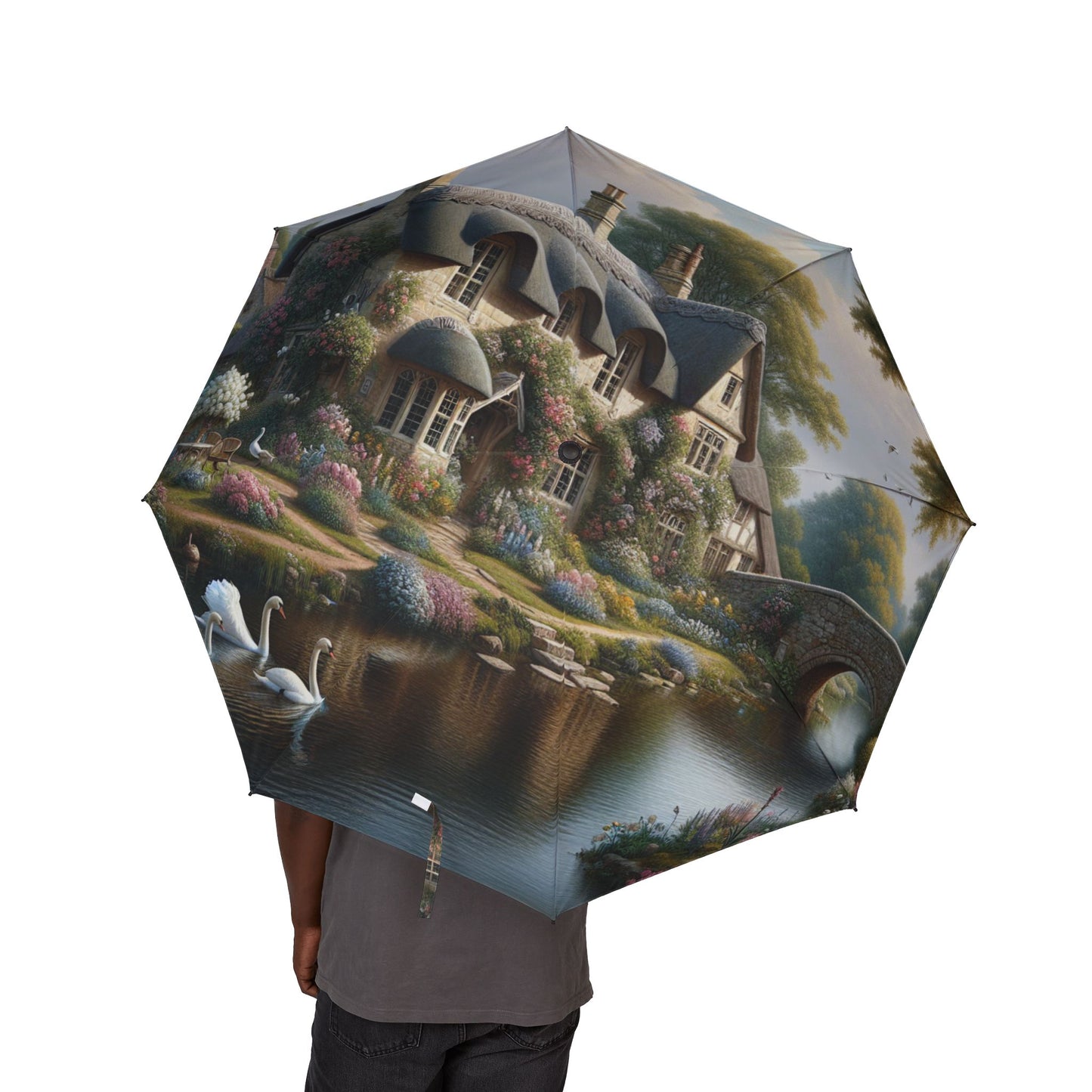 Foldable Umbrella with Scenic Cottage Print — Semi‑Automatic Travel Umbrella