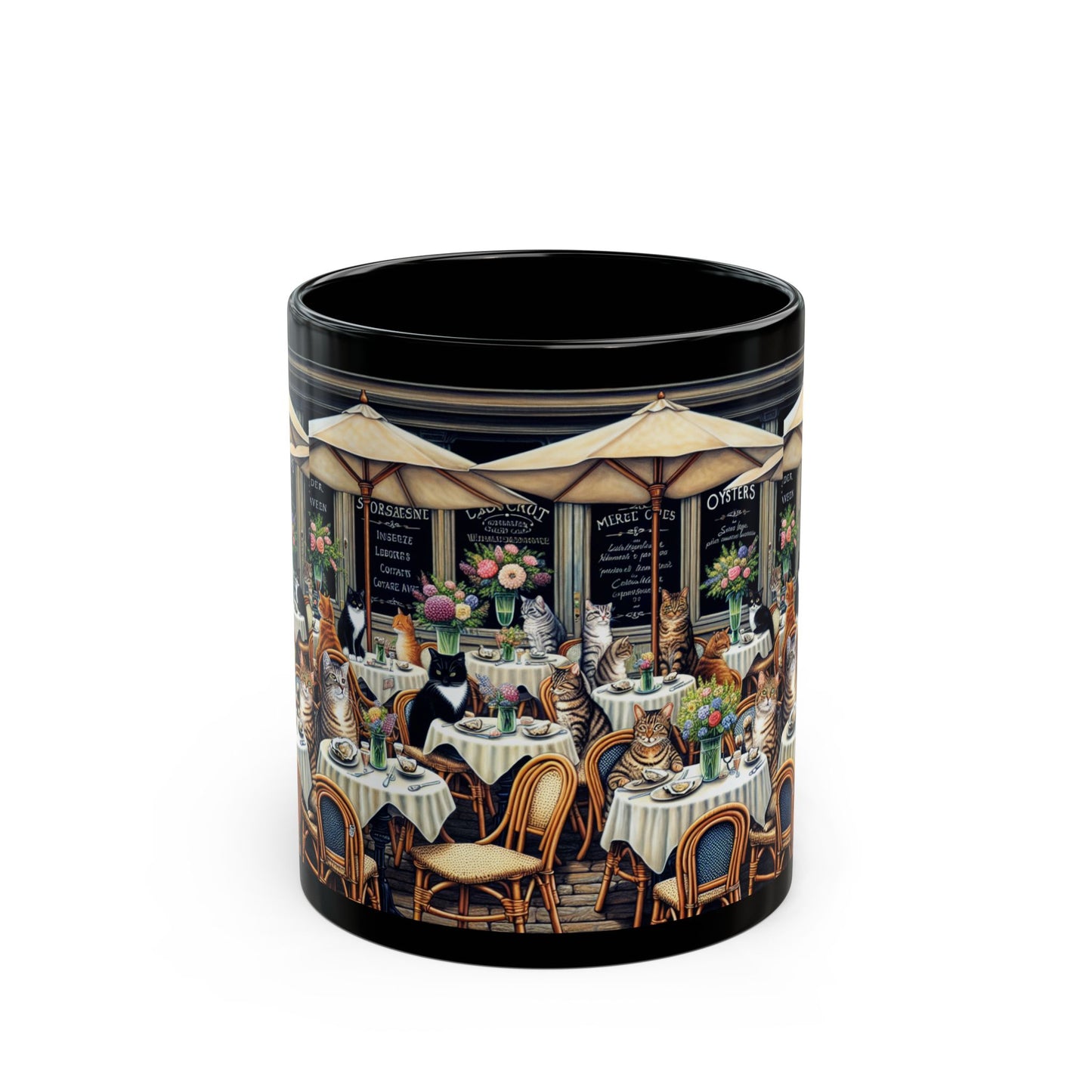 Cat Café Scene Black Coffee Mug — Cats at Bistro Design (11oz & 15oz)