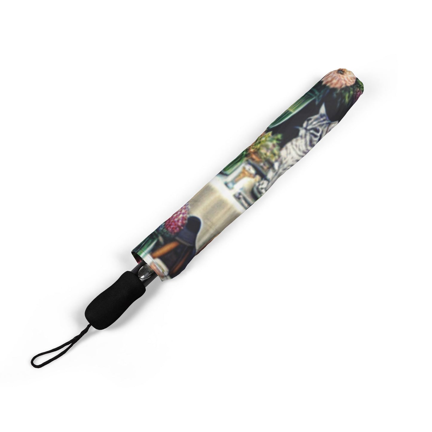 Foldable Umbrella — Vintage Book & Floral Cat Print, Lightweight Semi-Automatic Travel Umbrella