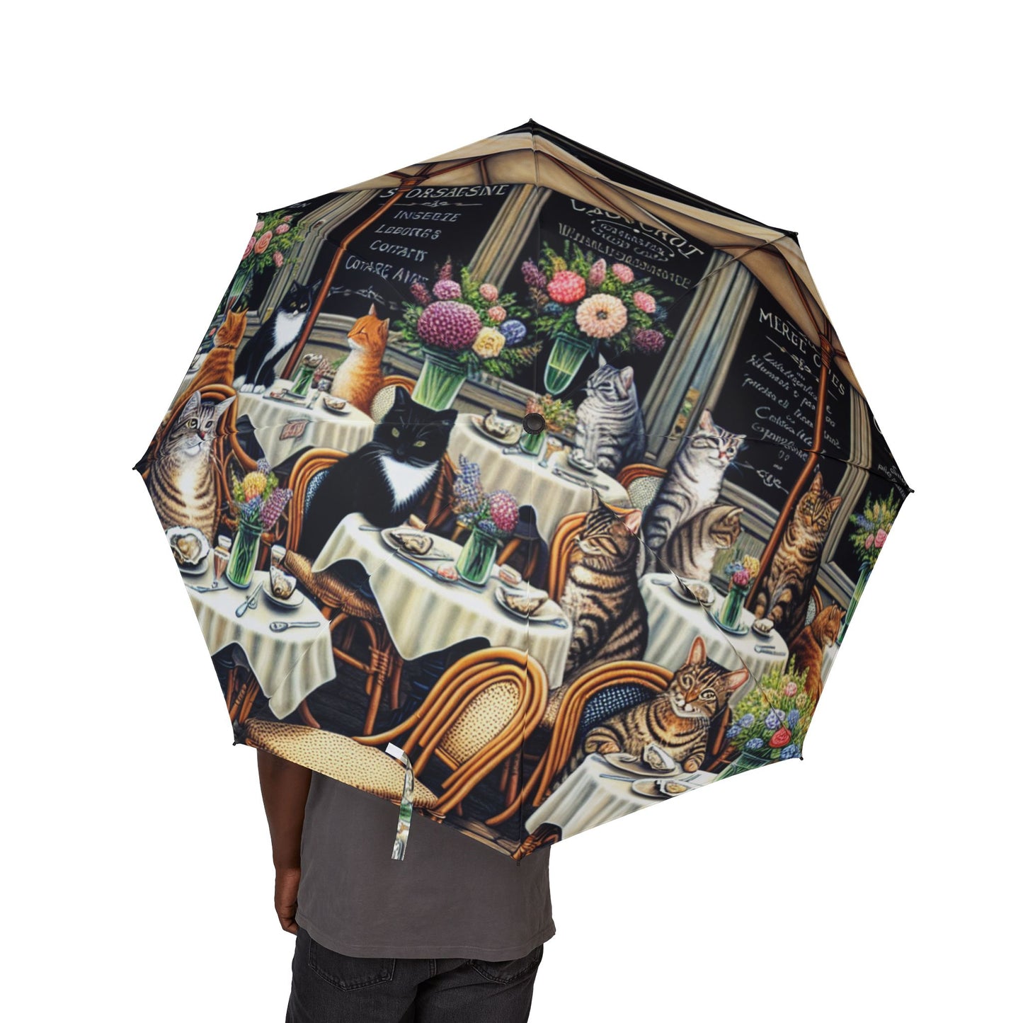 Foldable Umbrella — Vintage Book & Floral Cat Print, Lightweight Semi-Automatic Travel Umbrella