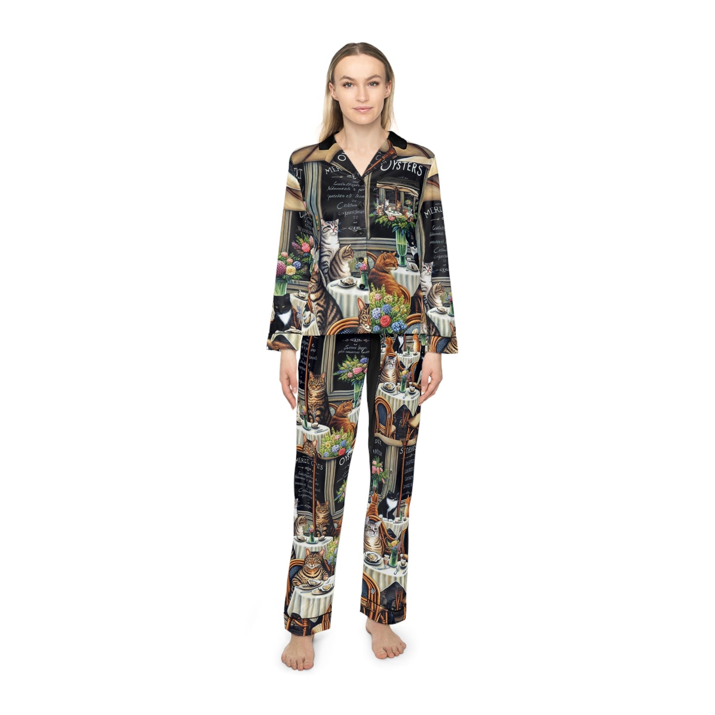 Cat's Cafe' Satin Pajama Set — Women’s Printed Sleepwear