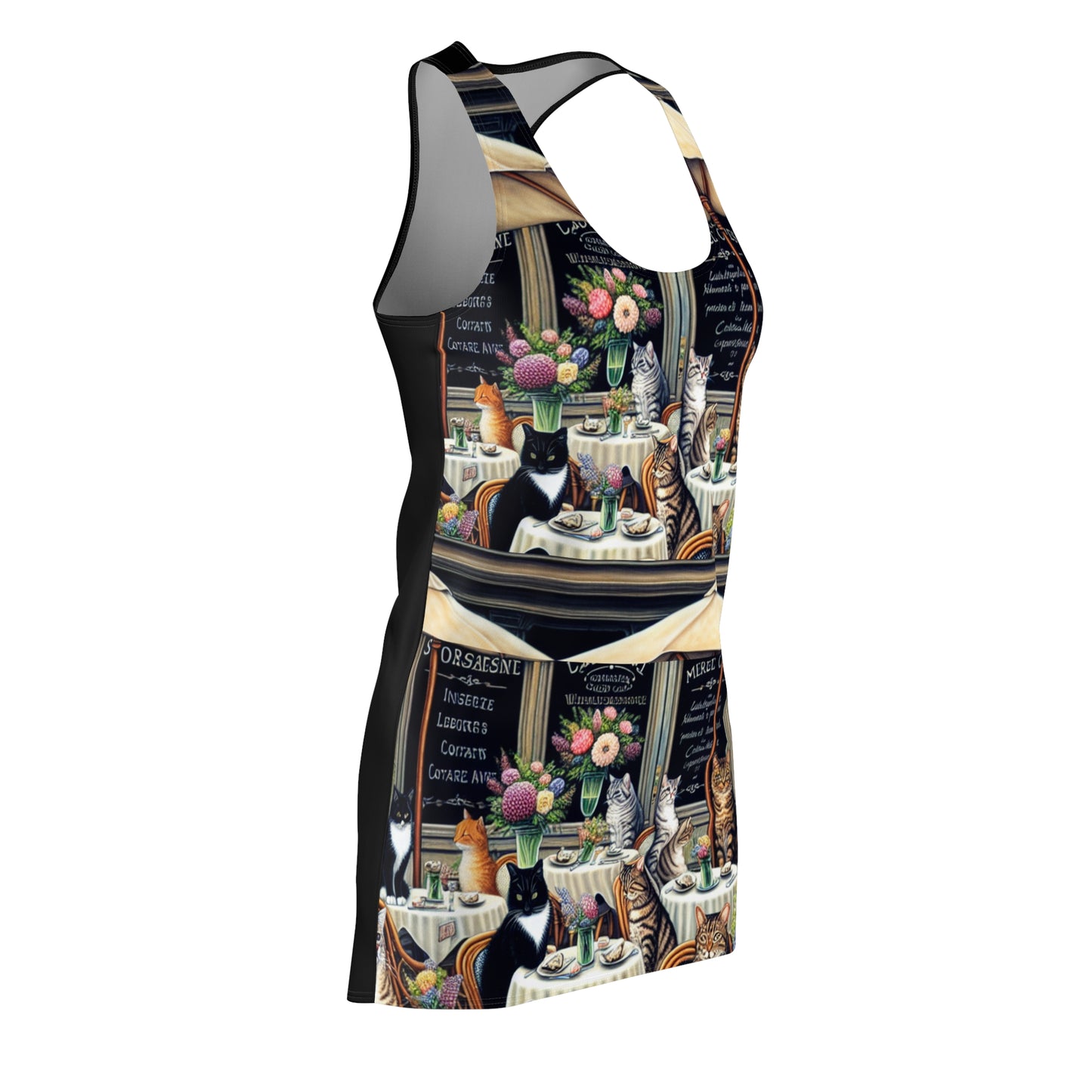 Cat Café Racerback Dress  Front-Print Floral & Bistro Scene