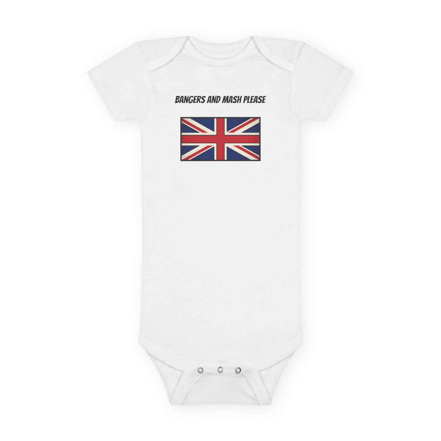 Union Jack Baby Onesie with "Bangers and Mash Please" – British Pride Infant Bodysuit