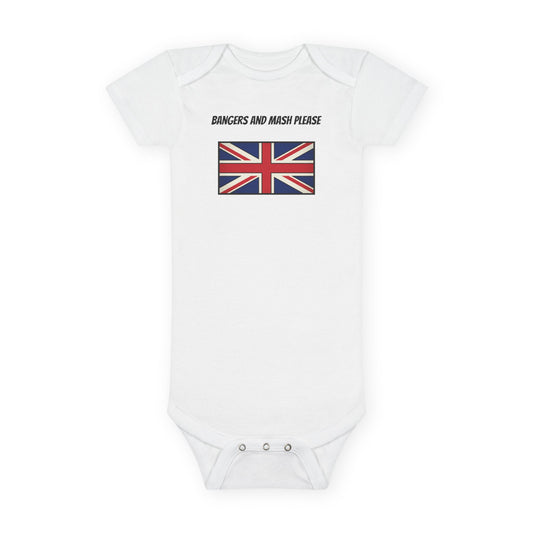 Union Jack Baby Onesie with "Bangers and Mash Please" – British Pride Infant Bodysuit
