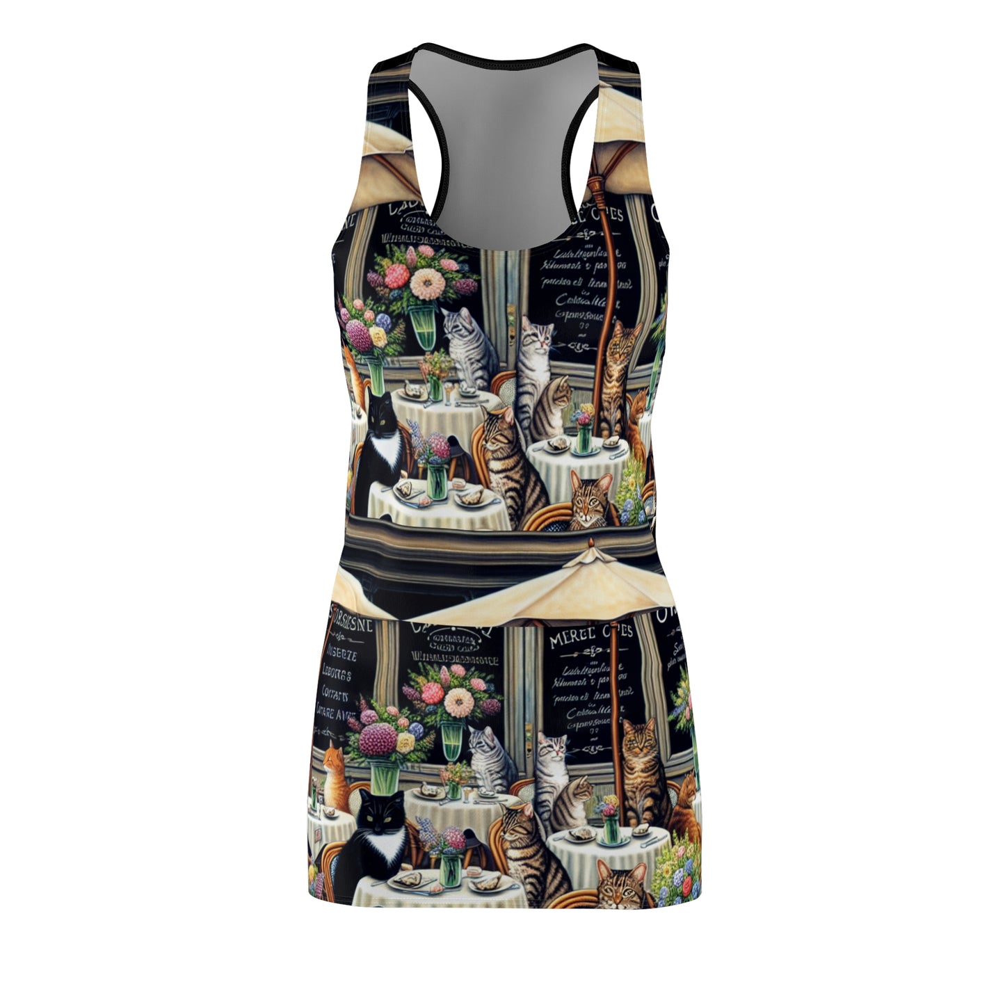 Cat Café Racerback Dress  Front-Print Floral & Bistro Scene