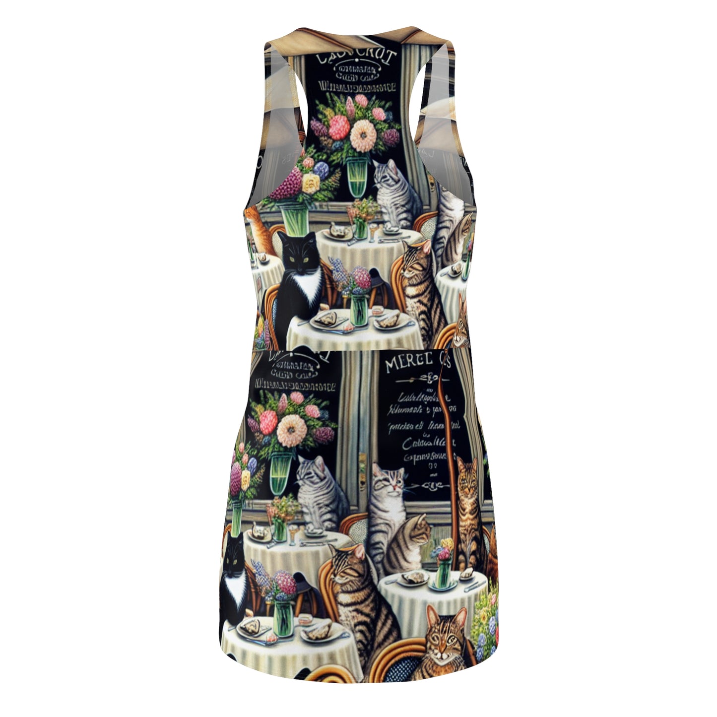 Cat Café Racerback Dress — All-Over-Print Floral & Bistro Scene
