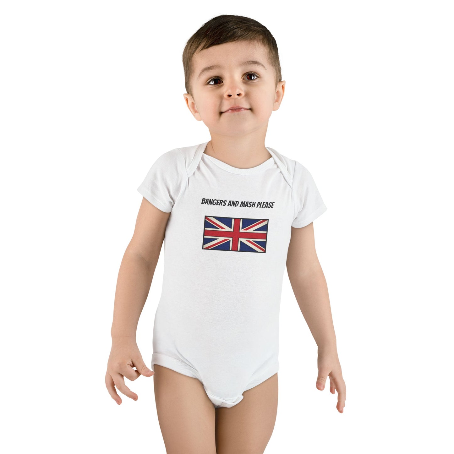 Union Jack Baby Onesie with "Bangers and Mash Please" – British Pride Infant Bodysuit