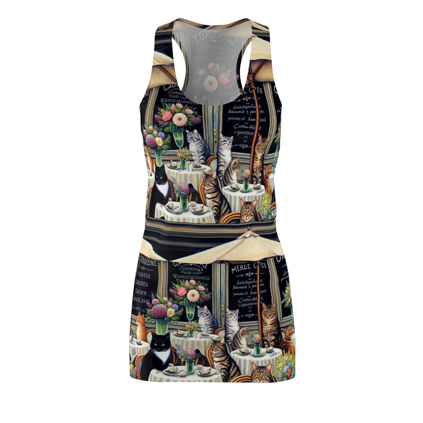 Cat Café Racerback Dress — All-Over-Print Floral & Bistro Scene