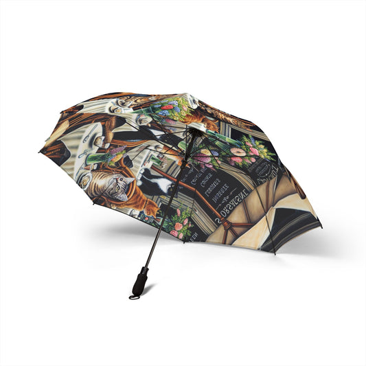 Foldable Umbrella — Vintage Book & Floral Cat Print, Lightweight Semi-Automatic Travel Umbrella