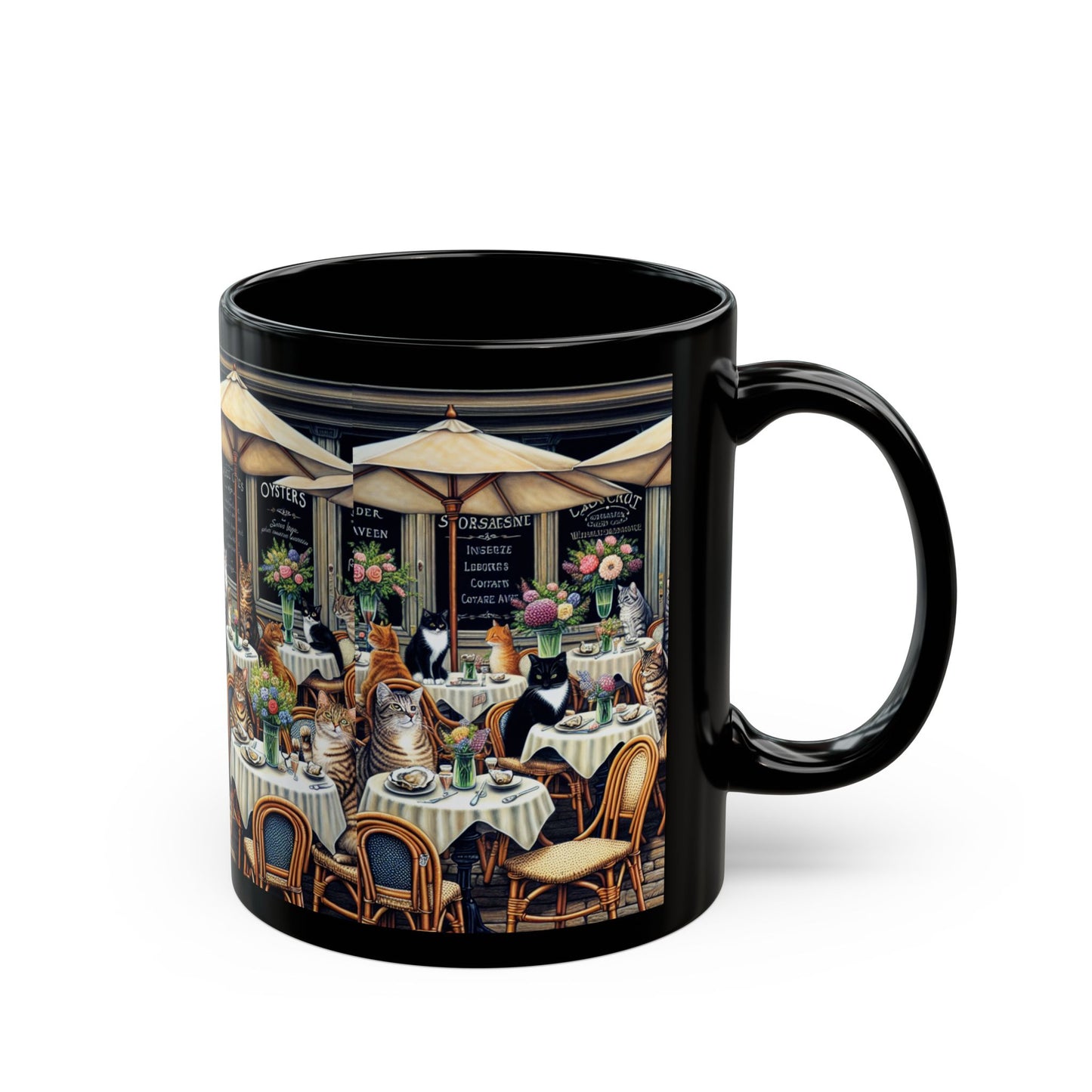 Cat Café Scene Black Coffee Mug — Cats at Bistro Design (11oz & 15oz)